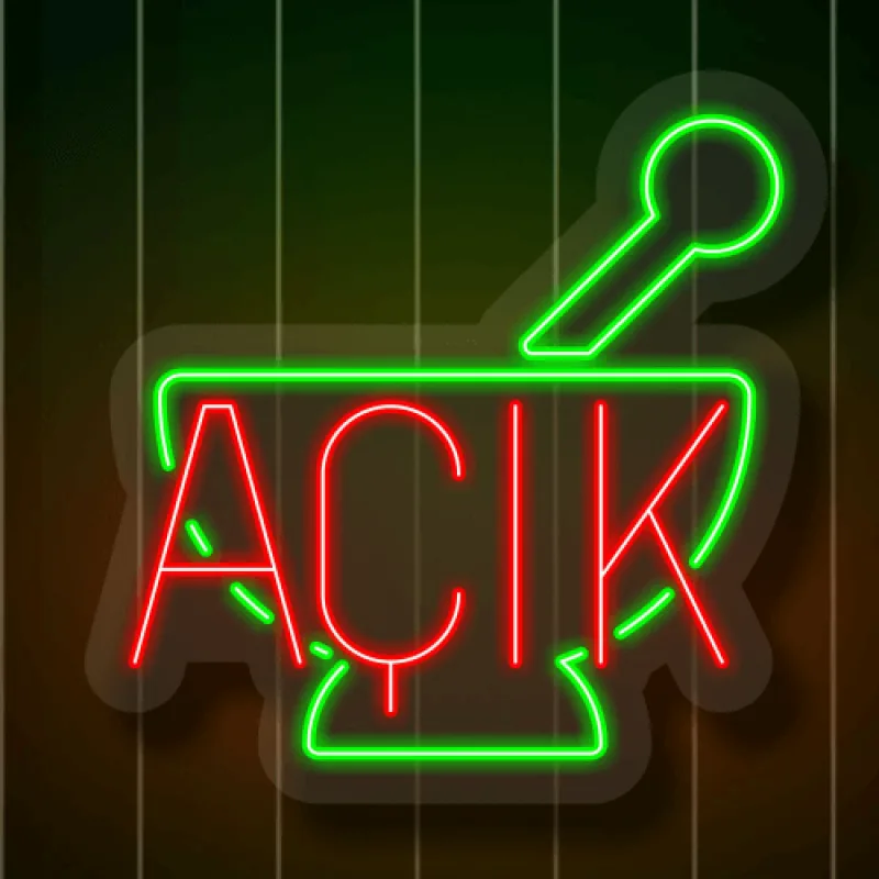 Eczane Açık, Havan Figürlü Neon Led Tabela 45x45CM — referans görsel — değiştirilecek